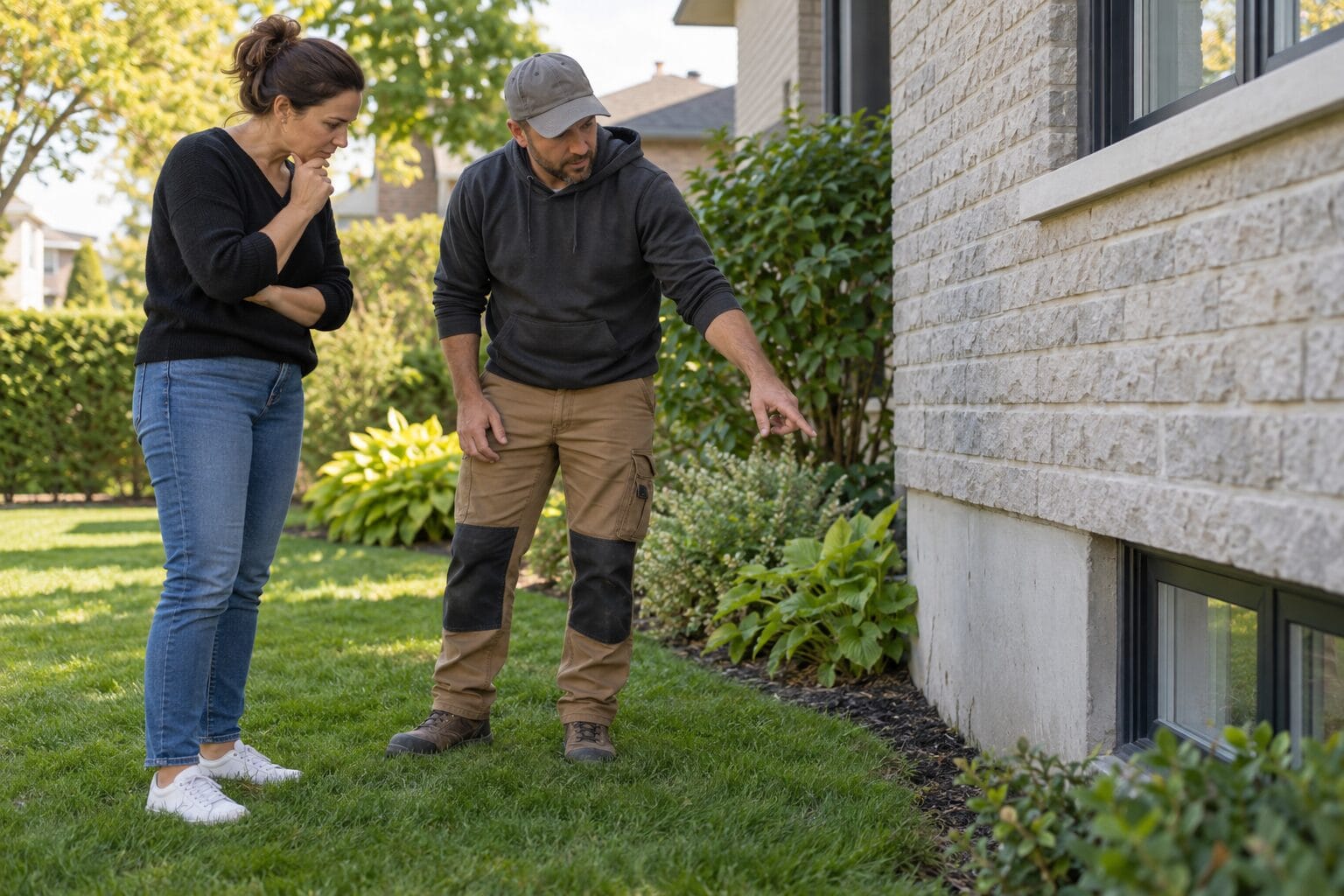 Entrepreneur Discutant Avec Une Propriétaire D’un Problème De Drainage Près De La Fondation De Sa Maison